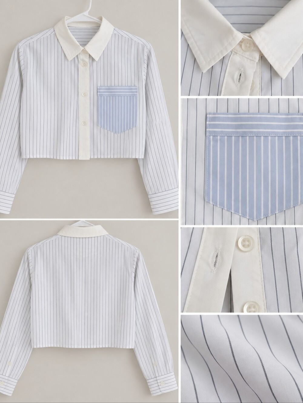 Cropped Pinstripe Button-Down Shirt with Pocket - White & Light Blue